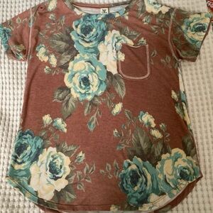 Sew In Love Spring Polyester/Rayon Teal and Brown Patterned Top USA
